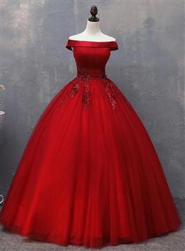 Picture of Red Color Tulle Long Off the Shoulder Sweet 16 Dresses, Red Color Party Gown